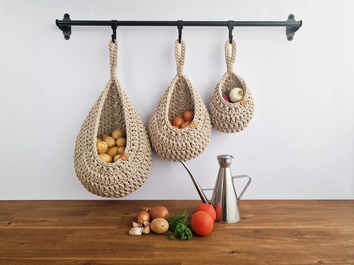 Crochet Hanging Basket: Kitchen Vegetable Storage, Boho Home Decor - Image 3