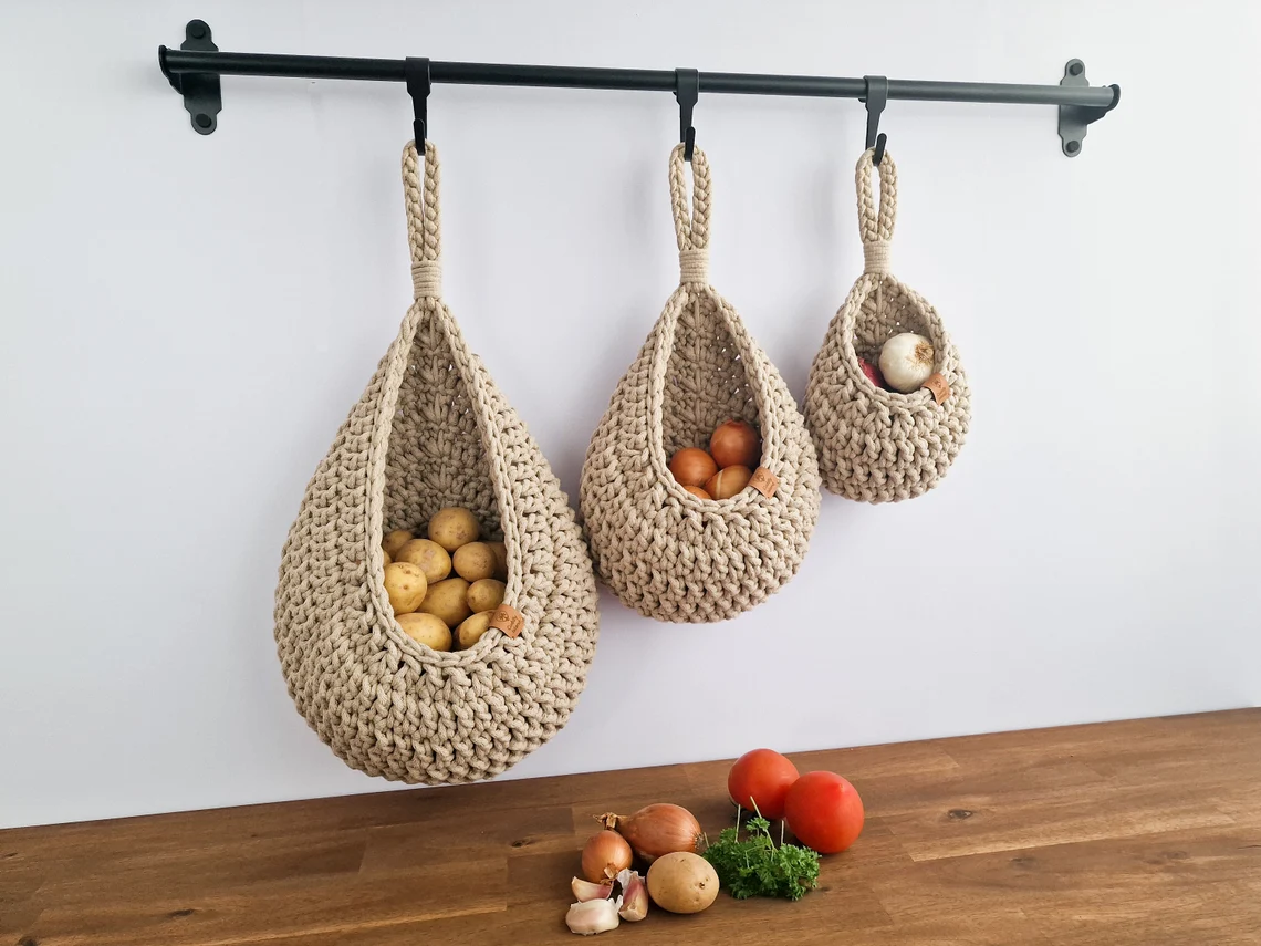 Crochet Hanging Basket: Kitchen Vegetable Storage, Boho Home Decor