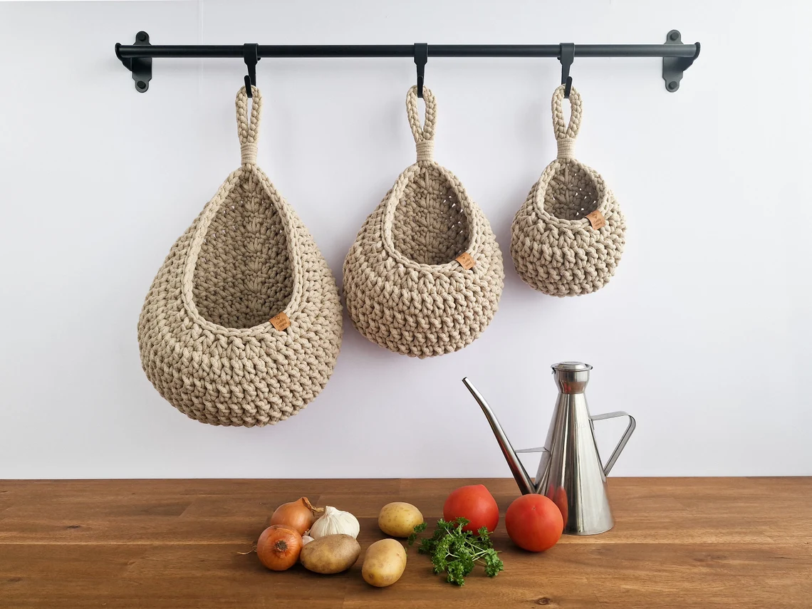 Crochet Hanging Basket: Kitchen Vegetable Storage, Boho Home Decor - Image 2